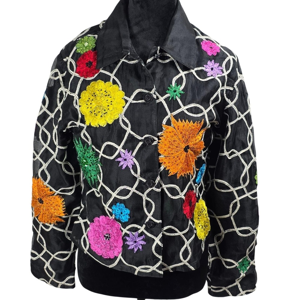 Vintage Silk Jacket Floral Embroidered Beaded Black Art to Wear Boho Anage Sz XS